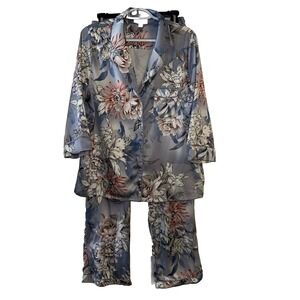Le Rose Floral Satin Matching Pajama Set Medium Long Pants